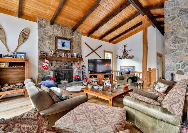 90 Club Rd, Windham, NY 12496 - living room featuring wood-type flooring, wooden ceiling, a stone fireplace, beam ceiling, and high vaulted ceiling