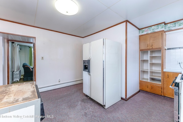 kitchen featuring white refrigerator with ice dispenser, baseboard heating, stainless steel gas range, and light carpet