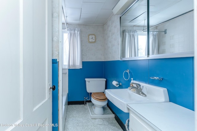 full bathroom featuring toilet, shower / tub combo, and vanity