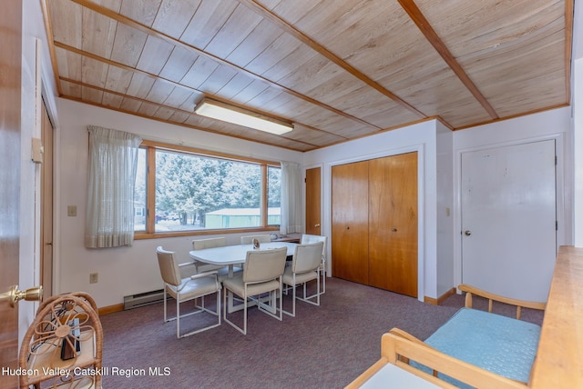 carpeted dining area with wood ceiling