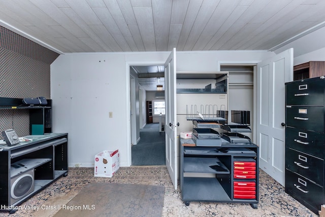 office area featuring wood ceiling