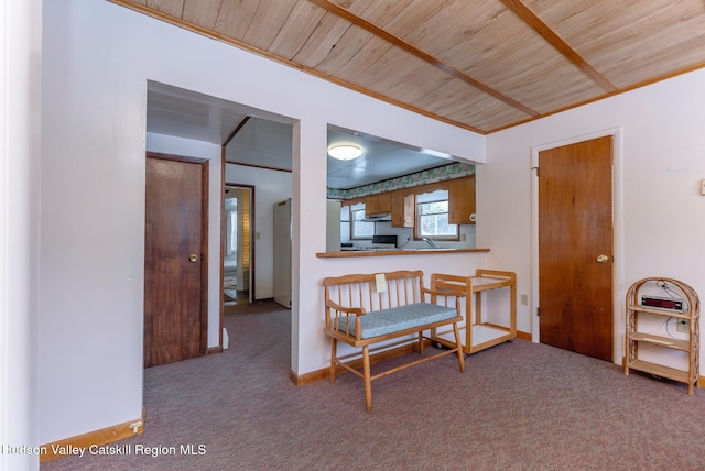 kitchen with carpet and wood ceiling