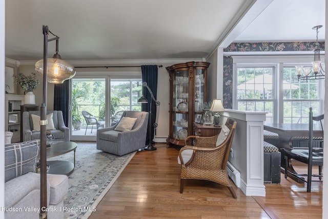 157 Hillside Ter, Kingston, NY 12401 - living area featuring plenty of natural light, a chandelier, wood finished floors, crown molding, and a baseboard heating unit