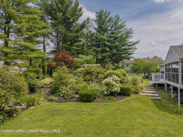 157 Hillside Ter, Kingston, NY 12401 - view of grassy yard featuring a sunroom, stairway, and a wooden deck