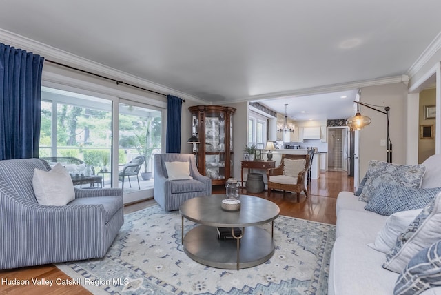 157 Hillside Ter, Kingston, NY 12401 - living area with ornamental molding, light wood-type flooring, healthy amount of natural light, and a chandelier
