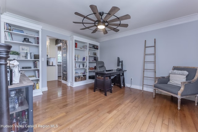 157 Hillside Ter, Kingston, NY 12401 - office space featuring ceiling fan, light wood-style flooring, crown molding, and built in features