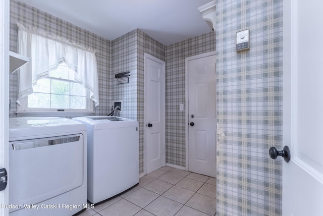 157 Hillside Ter, Kingston, NY 12401 - washroom featuring washing machine and dryer, light tile patterned flooring, and wallpapered walls