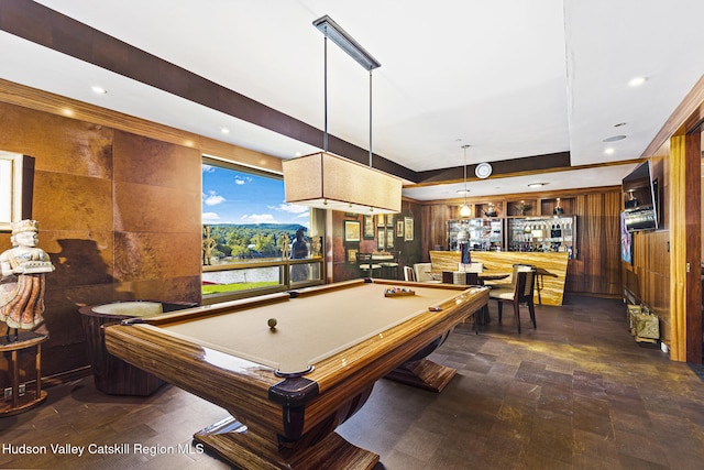 rec room featuring wood walls and billiards