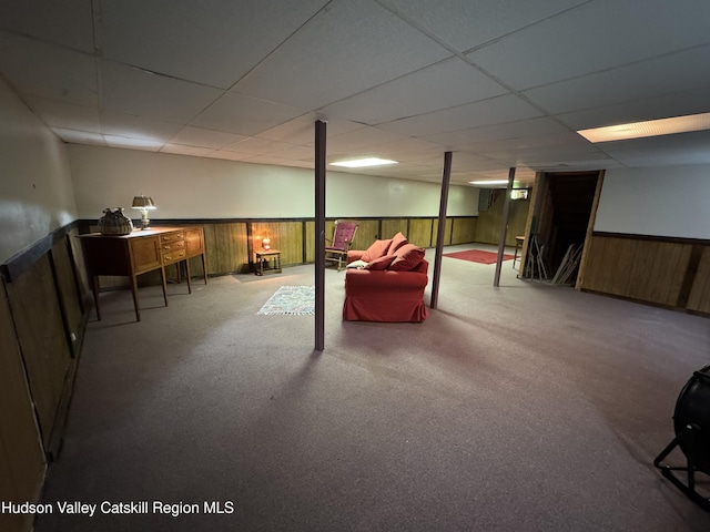 803 County Route 27, Ancram, NY 12502 - finished basement featuring wainscoting, a drop ceiling, wood walls, and carpet
