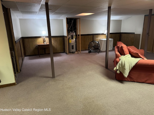 803 County Route 27, Ancram, NY 12502 - finished below grade area featuring wainscoting, electric water heater, carpet, a paneled ceiling, and wood walls