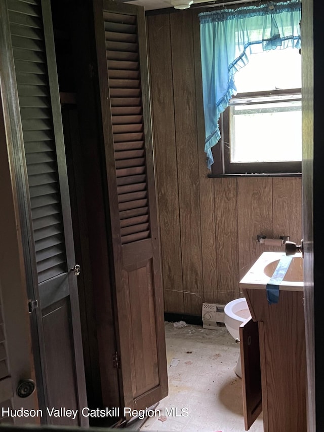 bathroom with wooden walls, vanity, and toilet