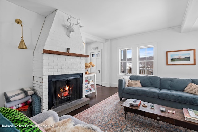 living room featuring dark hardwood / wood-style flooring, a fireplace, and ornamental molding