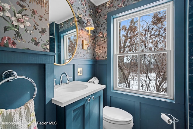 bathroom featuring vanity, a healthy amount of sunlight, and toilet