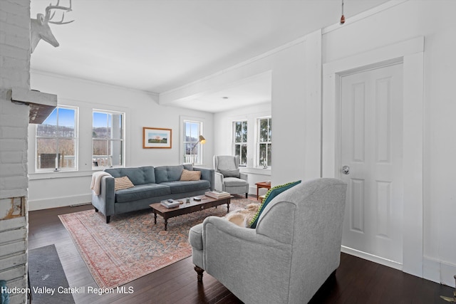 living room with plenty of natural light and dark hardwood / wood-style floors