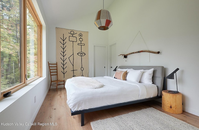 99 Cannon Cir, Woodstock, NY 12498 - bedroom featuring light wood finished floors, baseboards, and lofted ceiling
