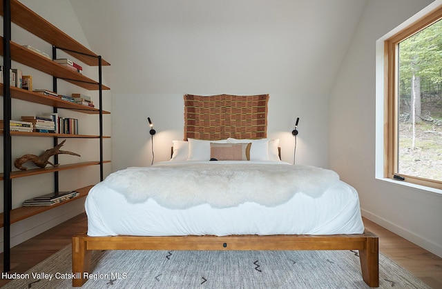 99 Cannon Cir, Woodstock, NY 12498 - bedroom with lofted ceiling, wood finished floors, and baseboards