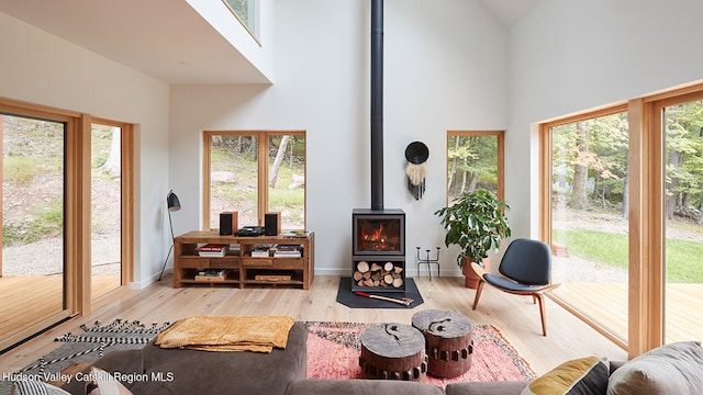 99 Cannon Cir, Woodstock, NY 12498 - living room featuring a wood stove, high vaulted ceiling, healthy amount of natural light, wood finished floors, and baseboards