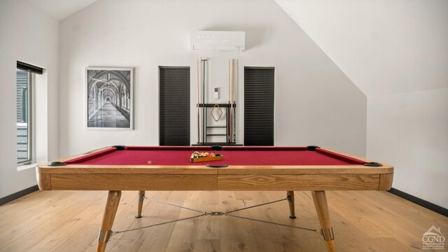 7717 Main St, Hunter, NY 12442 - recreation room with vaulted ceiling, pool table, baseboards, and wood finished floors