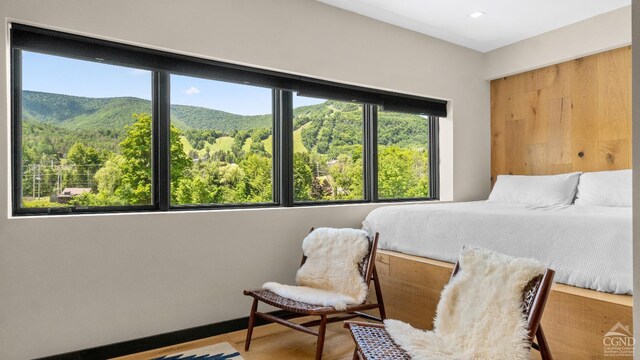 7717 Main St, Hunter, NY 12442 - bedroom with a forest view, a mountain view, wood finished floors, and recessed lighting