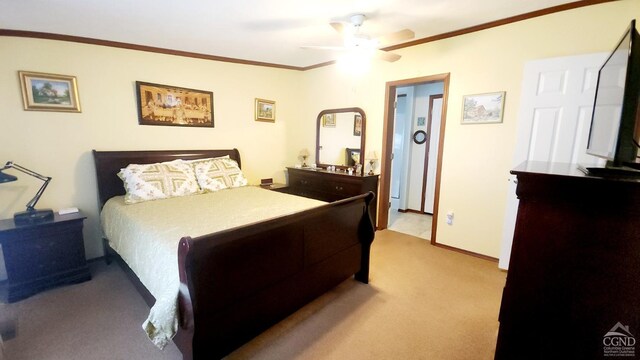 76 Gibson Rd, Durham, NY 12423 - bedroom with light carpet, crown molding, ceiling fan, and baseboards
