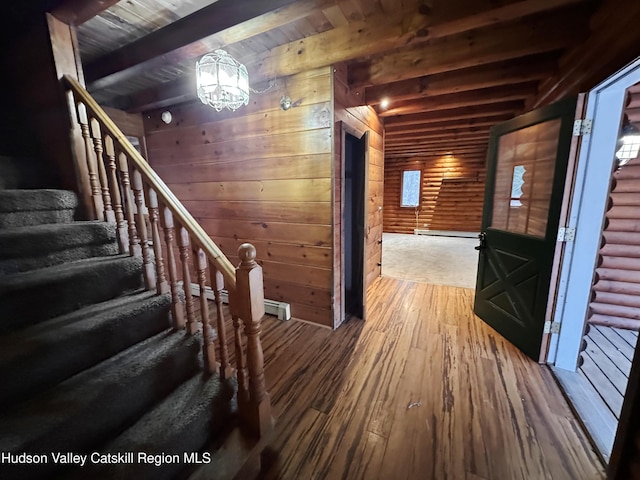 interior space with wood ceiling, hardwood / wood-style floors, wood walls, and beam ceiling