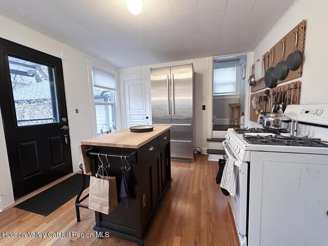 kitchen with white gas stove, a healthy amount of sunlight, high quality fridge, and light hardwood / wood-style flooring