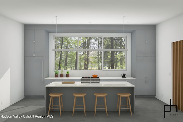 kitchen with plenty of natural light, gray cabinets, a kitchen island with sink, and a breakfast bar area