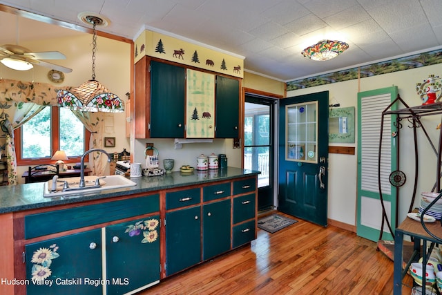 kitchen featuring crown molding, sink, ceiling fan, and wood-type flooring