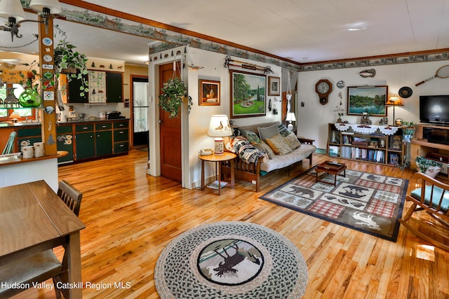 living room with crown molding and wood-type flooring