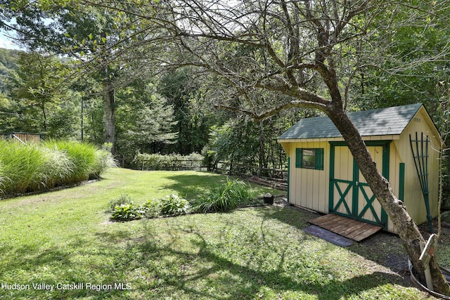 view of yard with a shed