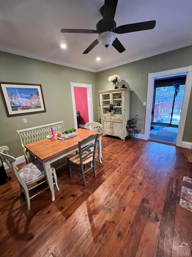 15 N Warren St, Athens, NY 12015 - dining space featuring a ceiling fan, hardwood / wood-style floors, ornamental molding, baseboards, and recessed lighting