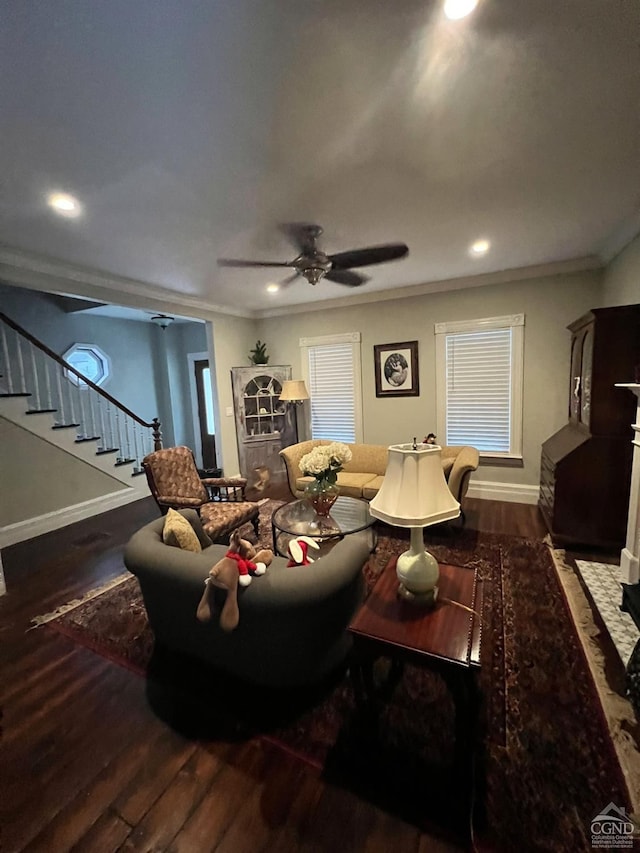 15 N Warren St, Athens, NY 12015 - living room featuring wood finished floors, ceiling fan, baseboards, ornamental molding, and recessed lighting