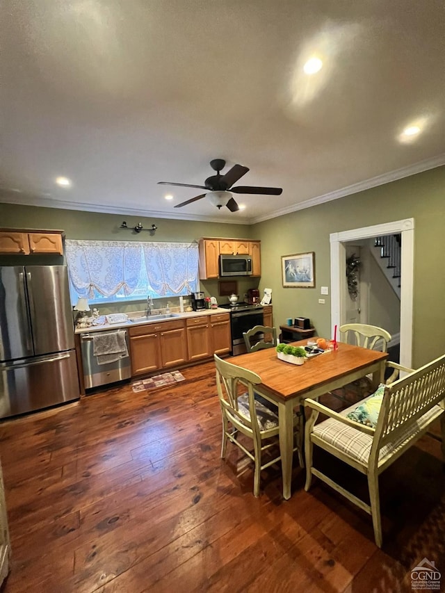 15 N Warren St, Athens, NY 12015 - dining space with ornamental molding, stairway, dark wood-style flooring, ceiling fan, and recessed lighting