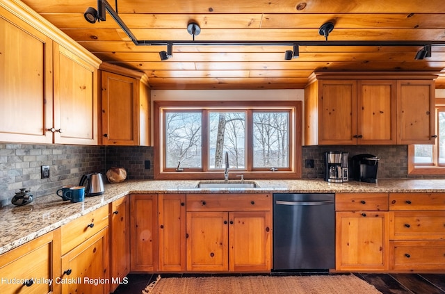 kitchen with black dishwasher, wooden ceiling, a sink, and light stone countertops