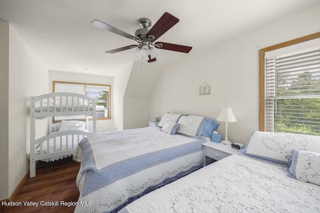16 Wang Dr, Copake, NY 12516 - bedroom featuring wood finished floors, a ceiling fan, and lofted ceiling