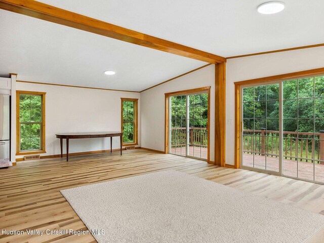 719 Allen Teator Rd, Durham, NY 12469 - unfurnished living room featuring light wood-type flooring, crown molding, and recessed lighting
