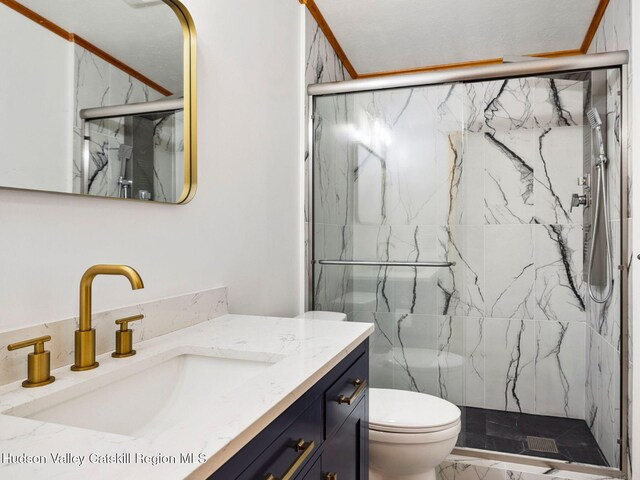 719 Allen Teator Rd, Durham, NY 12469 - full bathroom featuring marble look tile flooring, a marble finish shower, and vanity