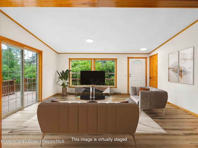 719 Allen Teator Rd, Durham, NY 12469 - living room with crown molding, healthy amount of natural light, wood finished floors, and recessed lighting