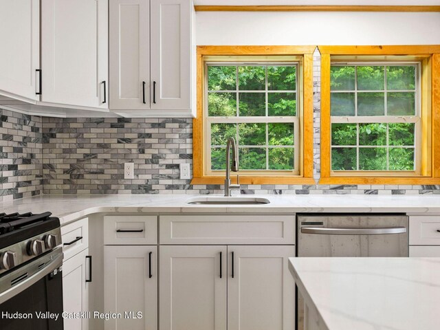 719 Allen Teator Rd, Durham, NY 12469 - kitchen featuring appliances with stainless steel finishes, tasteful backsplash, white cabinets, and plenty of natural light