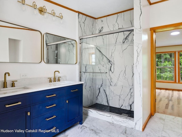719 Allen Teator Rd, Durham, NY 12469 - full bathroom with marble look tiles, a marble finish shower, crown molding, and double vanity