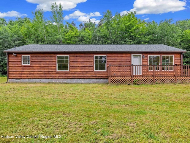 719 Allen Teator Rd, Durham, NY 12469 - chalet / cabin with a front lawn, a wooden deck, a shingled roof, and log veneer siding