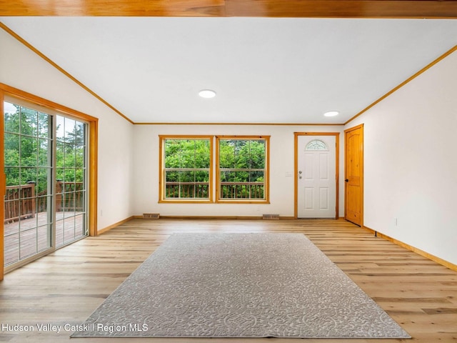 719 Allen Teator Rd, Durham, NY 12469 - entryway featuring ornamental molding, plenty of natural light, wood finished floors, and recessed lighting
