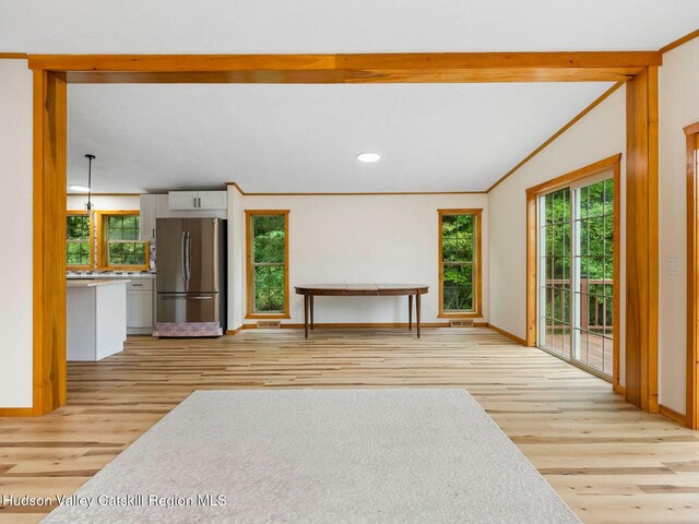 719 Allen Teator Rd, Durham, NY 12469 - unfurnished living room featuring light wood-style floors, plenty of natural light, lofted ceiling, and recessed lighting