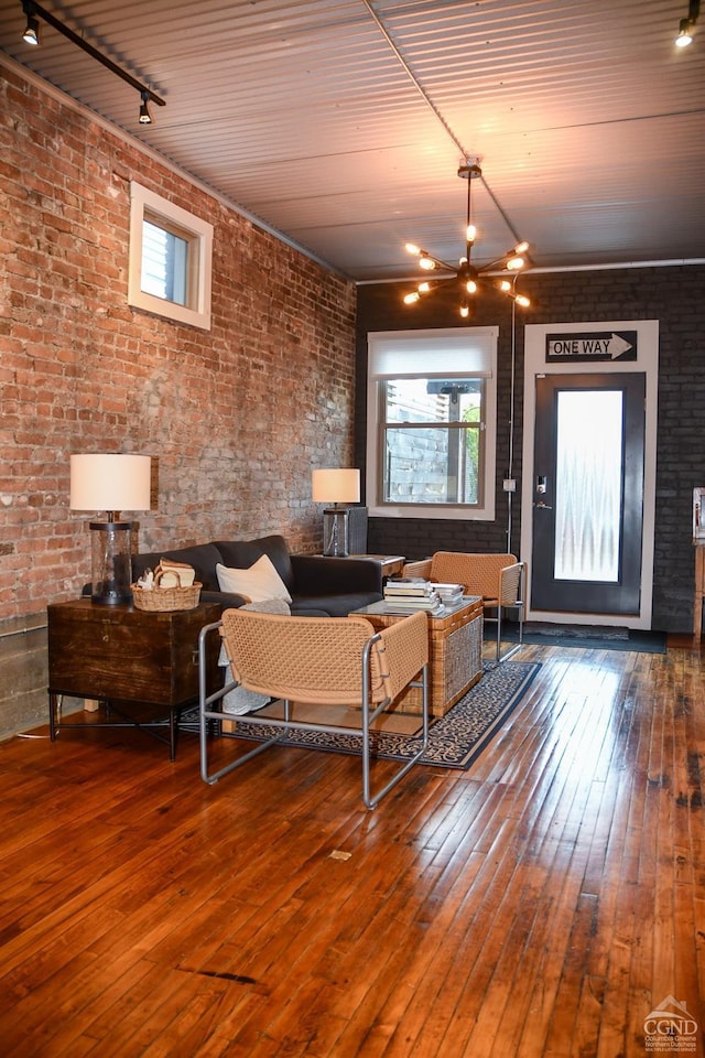 17-23 Linden St, Pittsfield, MA 01201 - living room featuring track lighting, hardwood / wood-style floors, brick wall, a ceiling fan, and wooden ceiling