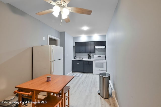 339-345 Jessup Rd, Florida, NY 10921 - kitchen featuring white appliances, under cabinet range hood, light wood-style floors, ceiling fan, and light countertops