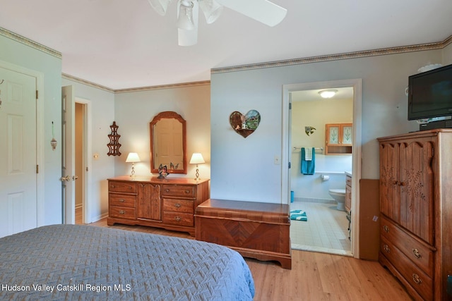 339-345 Jessup Rd, Florida, NY 10921 - bedroom with light wood finished floors, ornamental molding, connected bathroom, and ceiling fan
