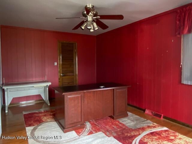 21 Lohmaier Ln, Lake Katrine, NY 12449 - office area featuring a ceiling fan, light wood-style flooring, and wood walls