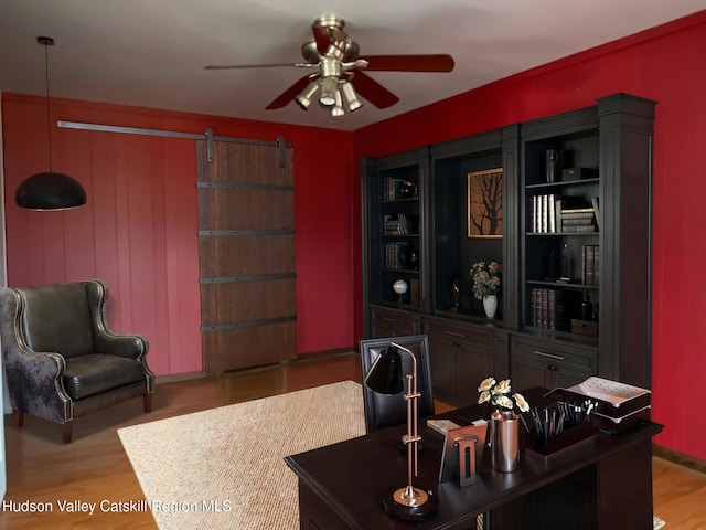 21 Lohmaier Ln, Lake Katrine, NY 12449 - office featuring a ceiling fan, a barn door, and light wood-style floors