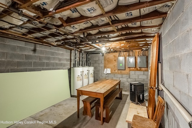 unfinished basement featuring water heater and electric panel