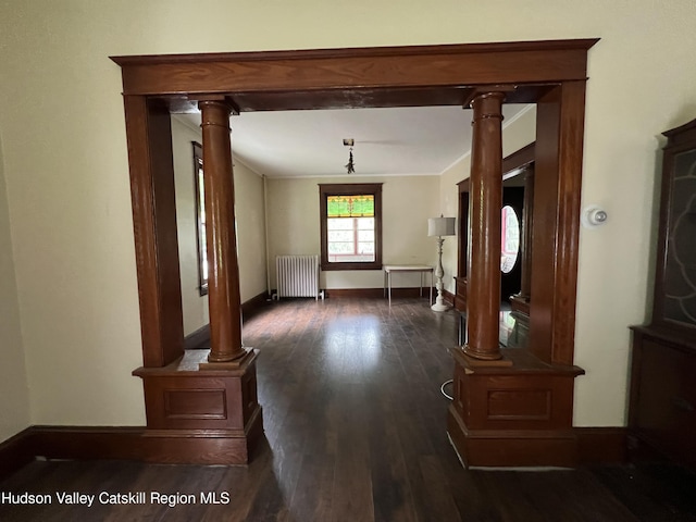 interior space featuring crown molding, baseboards, radiator, and wood finished floors